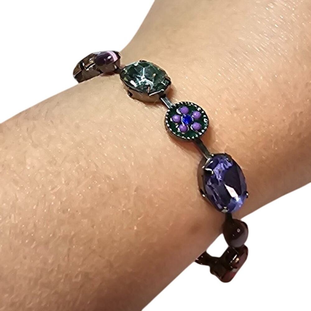Jewel Tone Glass Floral Link Bracelet Purple Green Blue Vintage Romantic